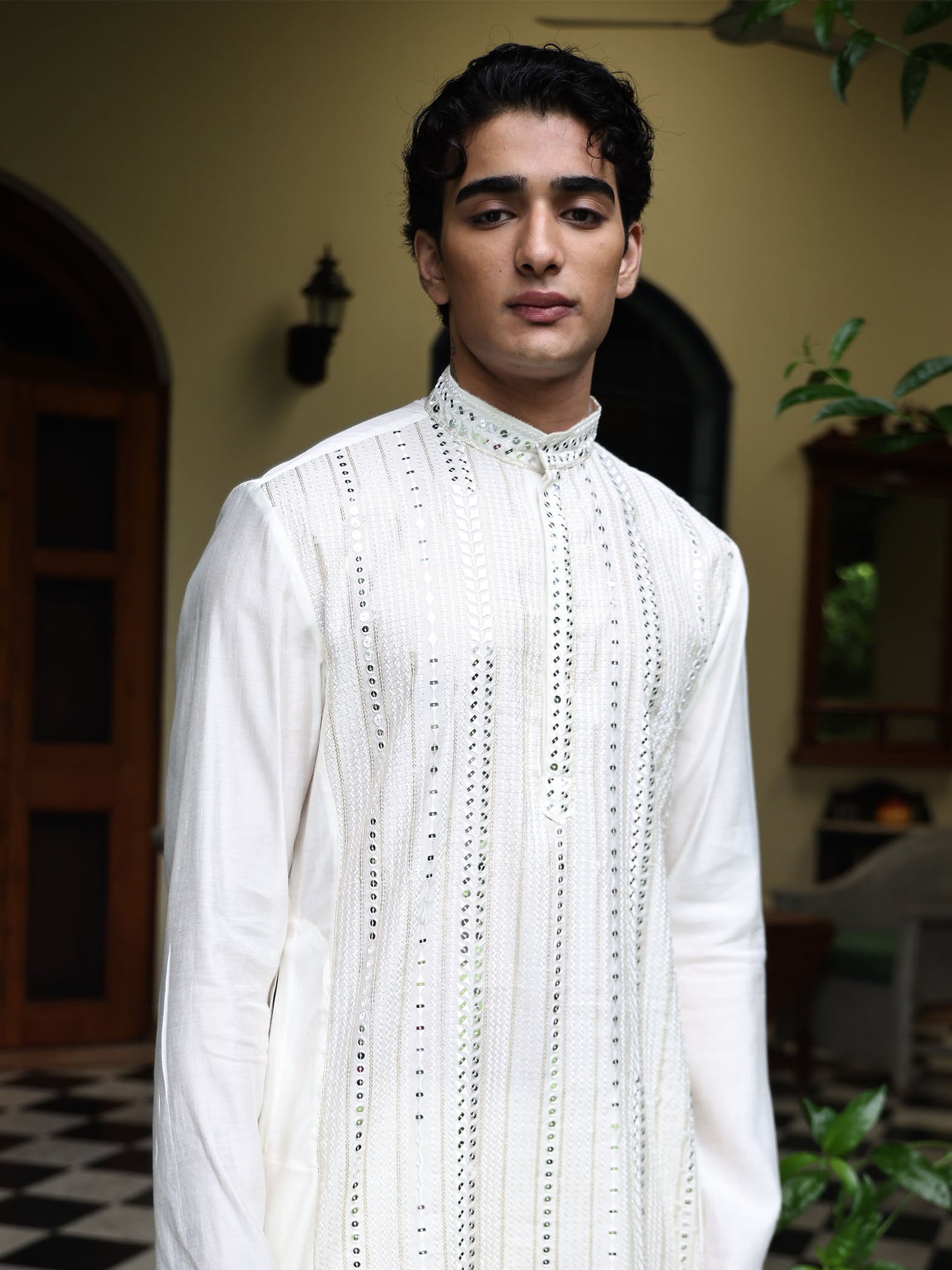 Anirban Ivory Cotton Blend Embroidered Bundi Set