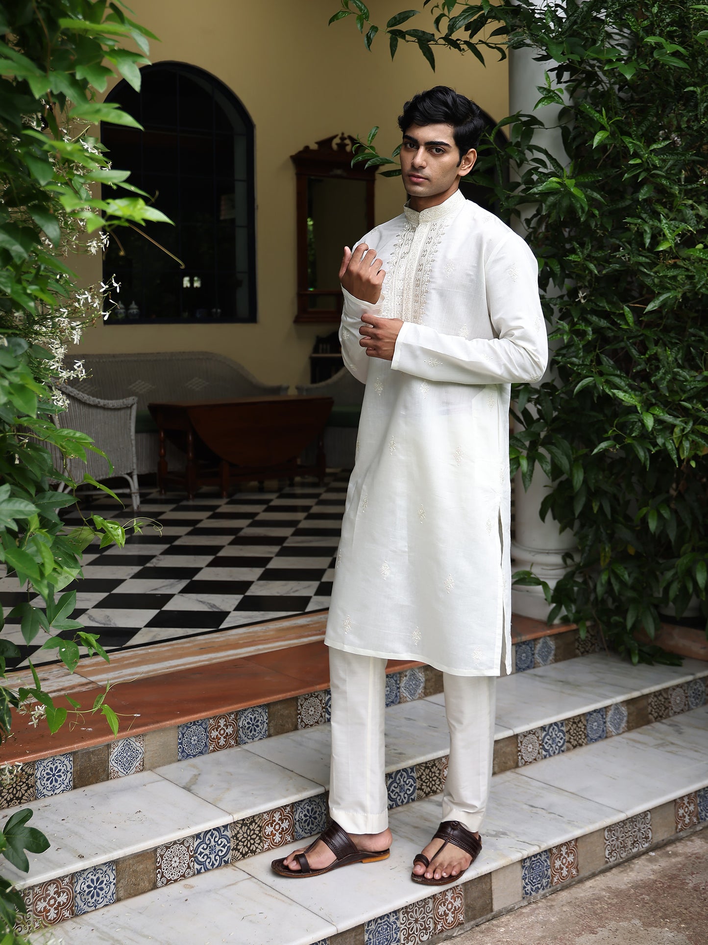 Shivansh Ivory Embroidered Cotton Blend Kurta Set