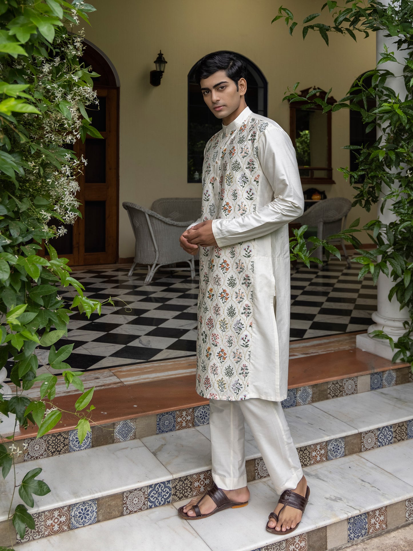 Radhesh Ivory Embroidered Katan Kurta