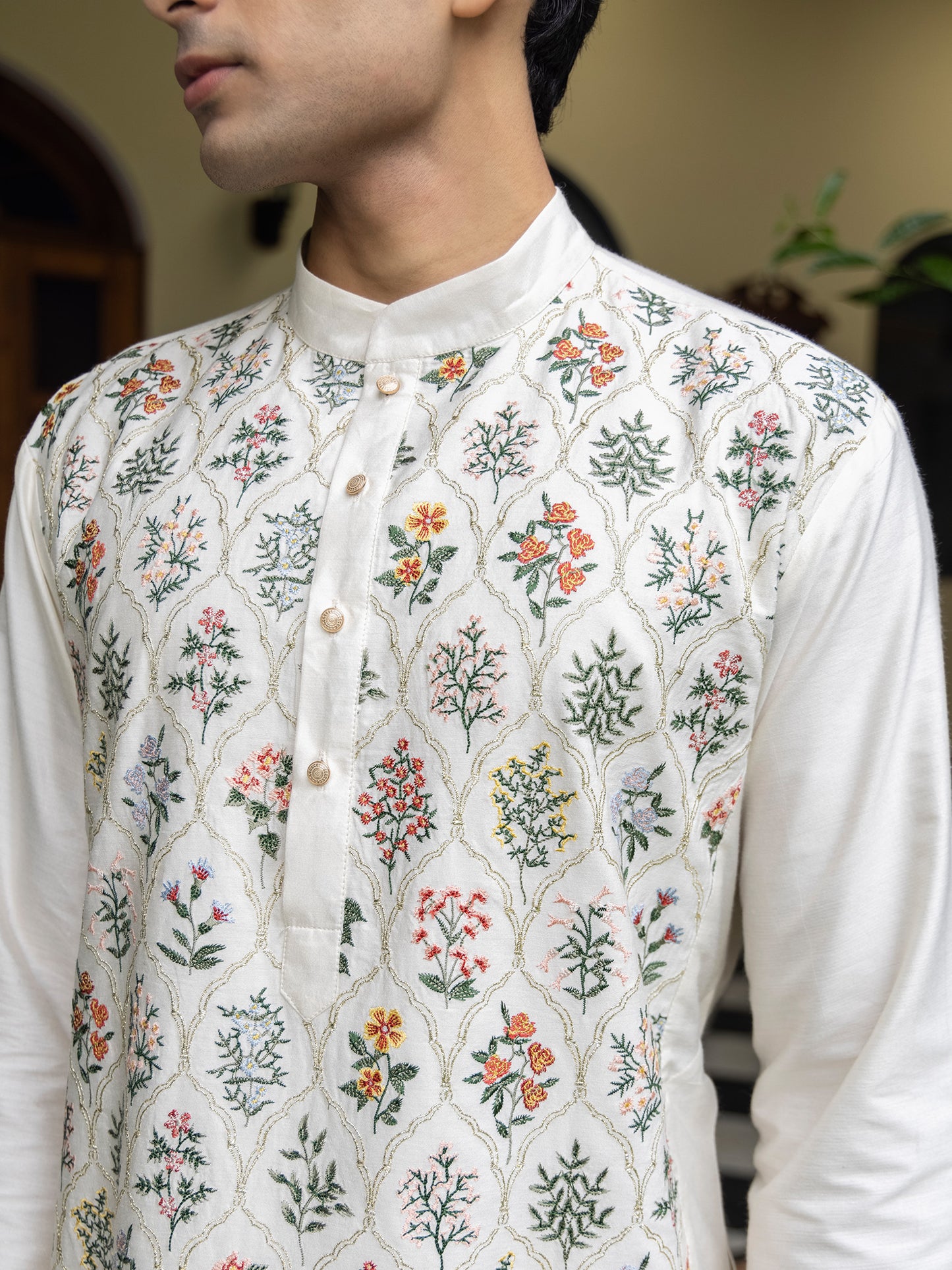Radhesh Ivory Embroidered Katan Kurta