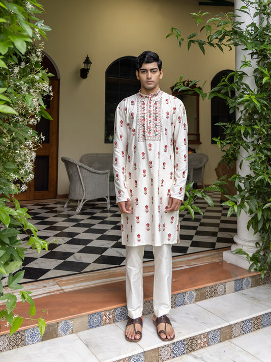 Chandran Ivory Embroidered Katan Kurta Set
