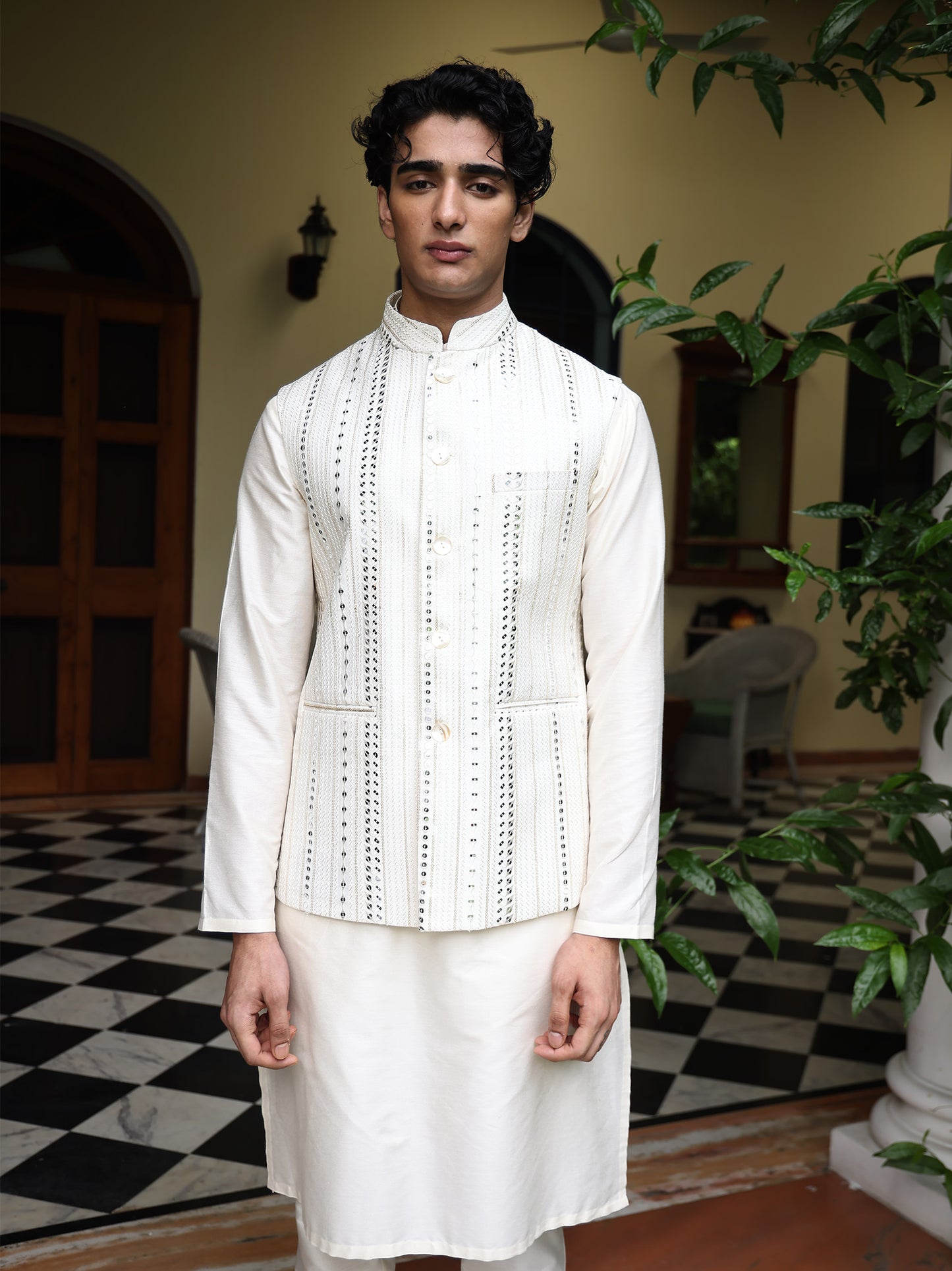 Anirban Ivory Cotton Blend Embroidered Bundi Set