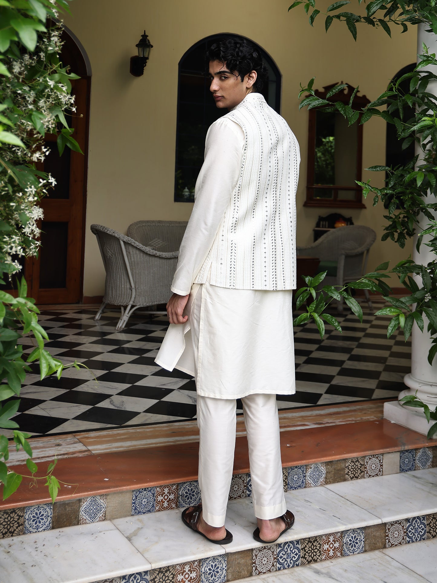 Anirban Ivory Cotton Blend Embroidered Bundi Set