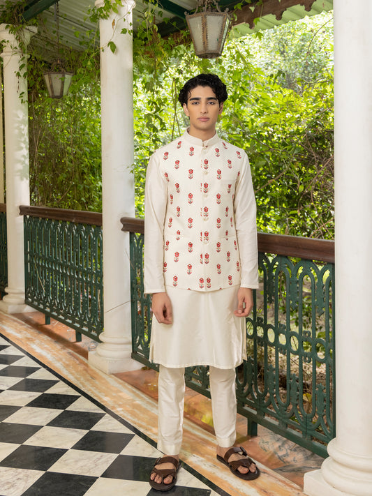 Mohnish Ivory Katan  Embroidered Bundi Set