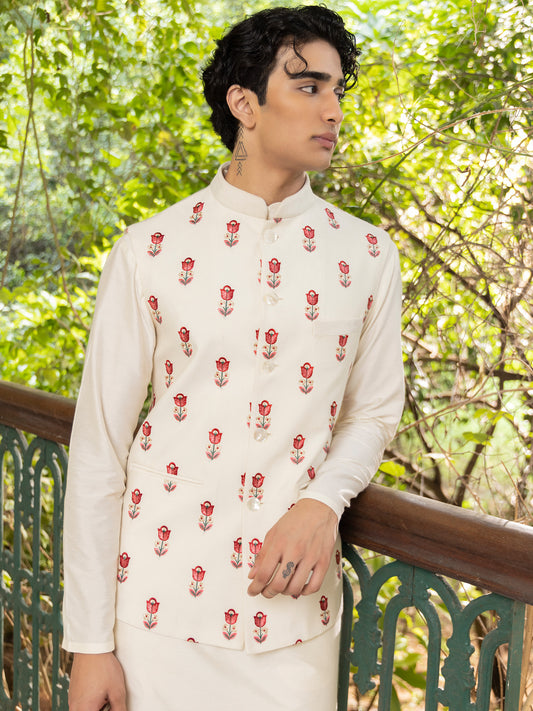Mohnish Ivory Embroidered Katan Bundi