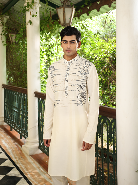 Chinmay Ivory Embroidered Katan Kurta