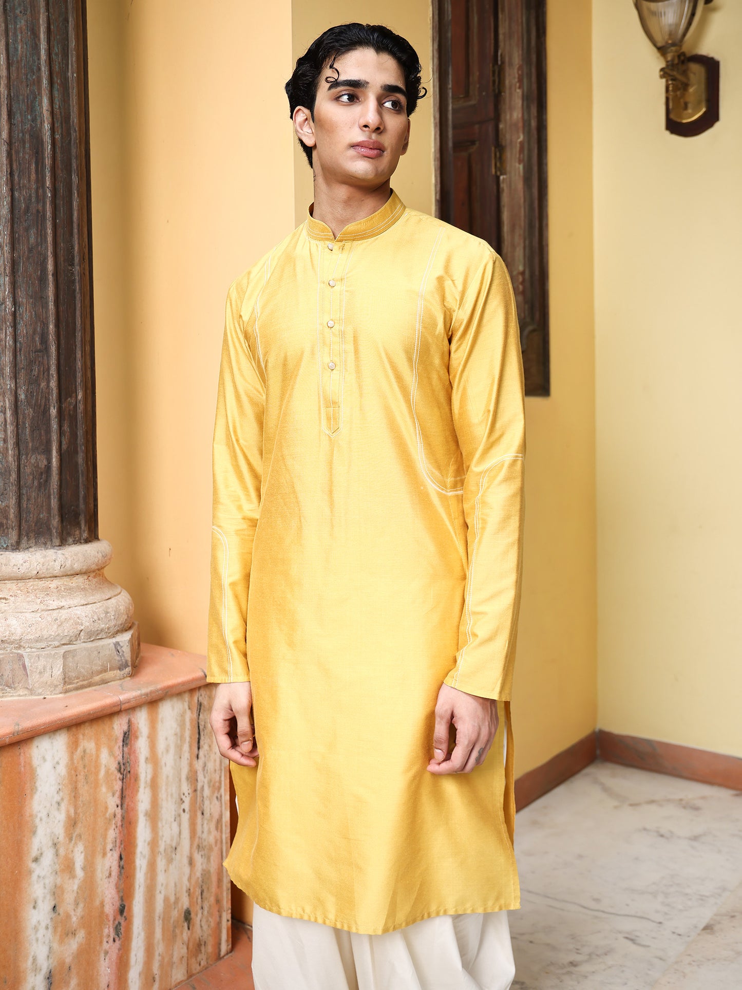 Venu Yellow Katan  Kurta Set