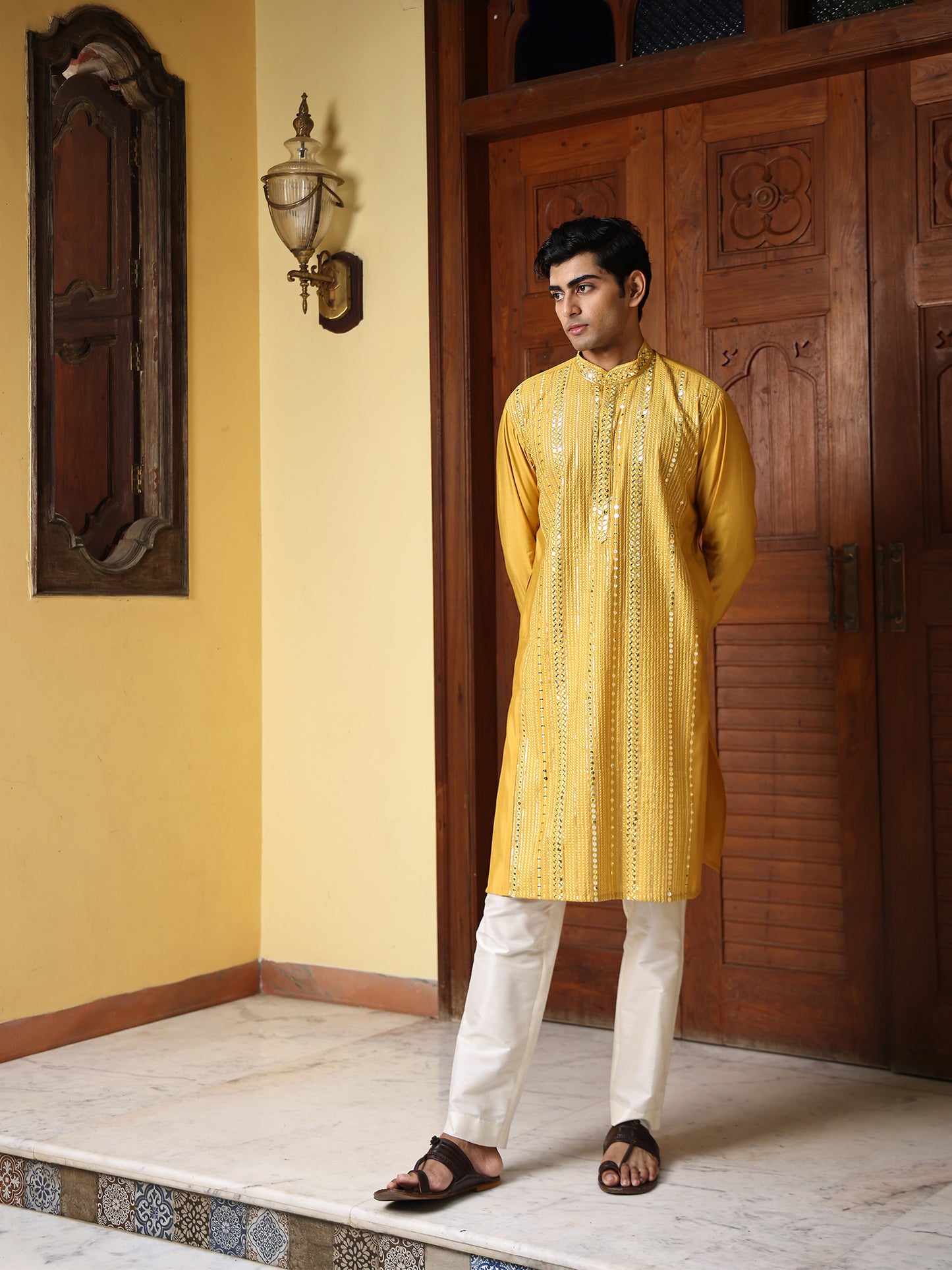 Ekansh Mustard Embroidered Cotton Blend Kurta