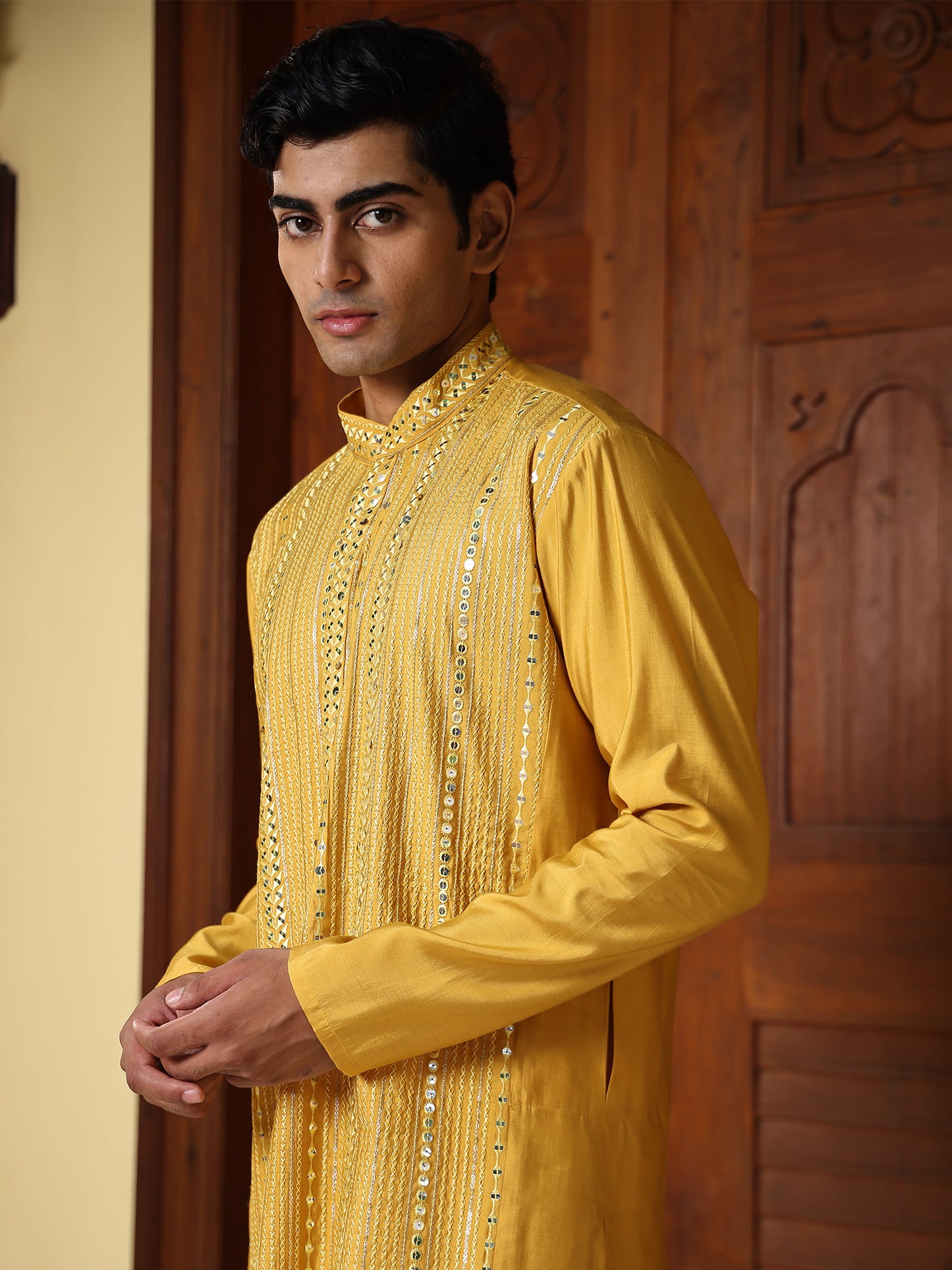Ekansh Mustard Embroidered Cotton Blend Kurta