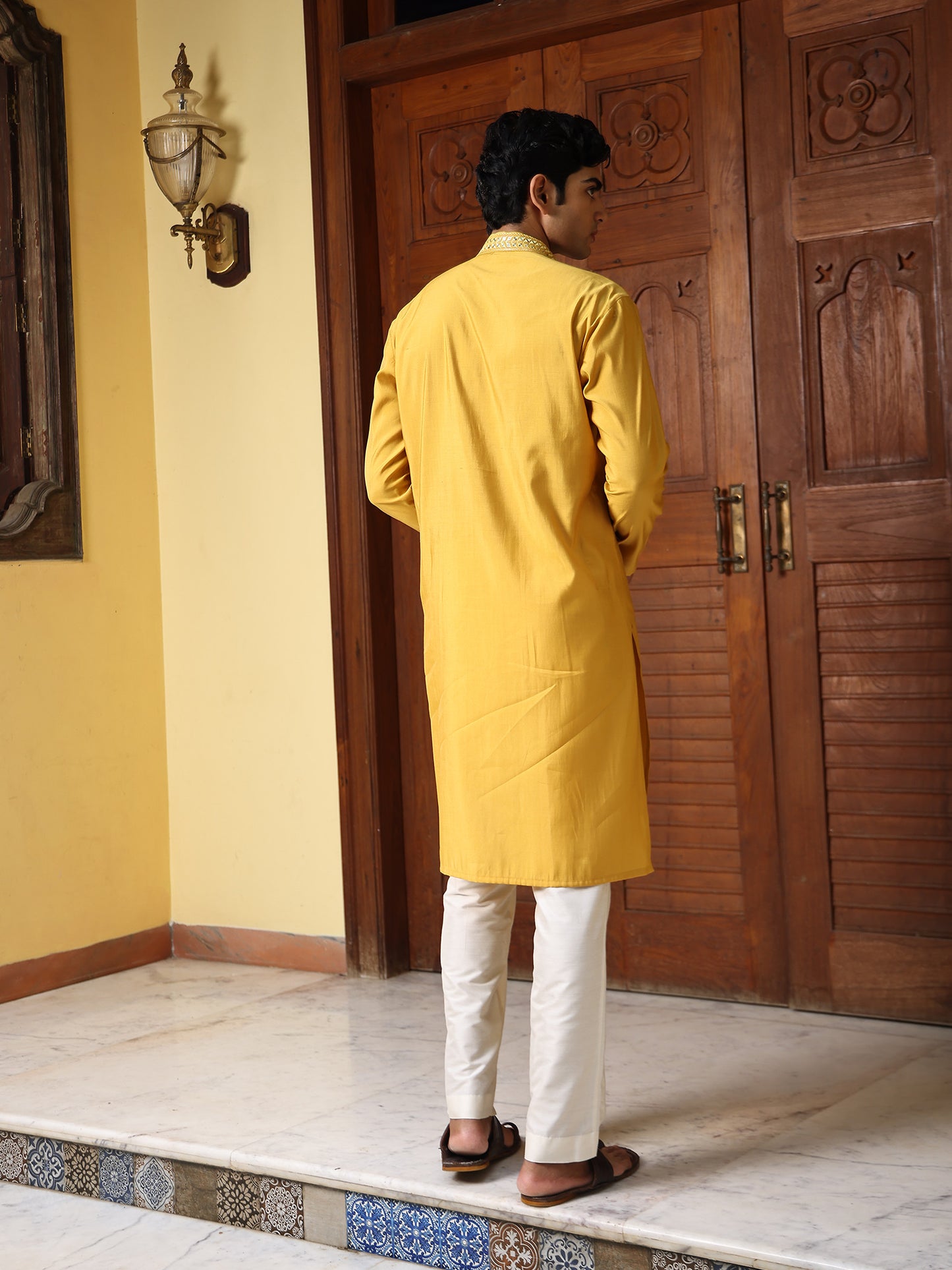 Ekansh Mustard Embroidered Cotton Blend Kurta