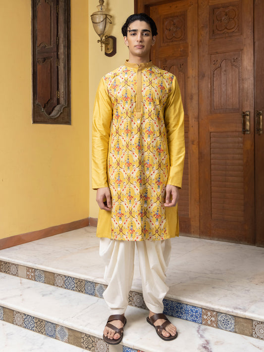 Govind Yellow  Embroidered Katan  Kurta Set