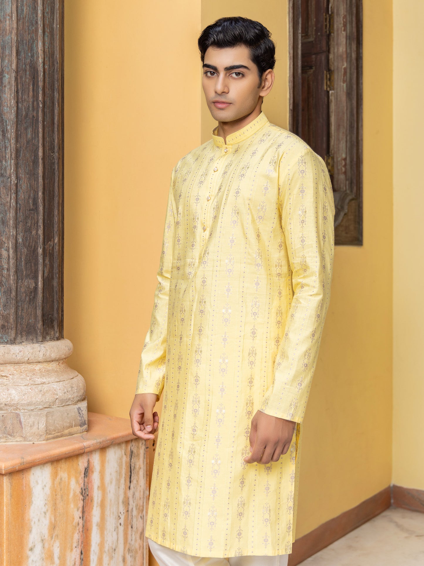 Vama Yellow Cotton Blend Kurta Set