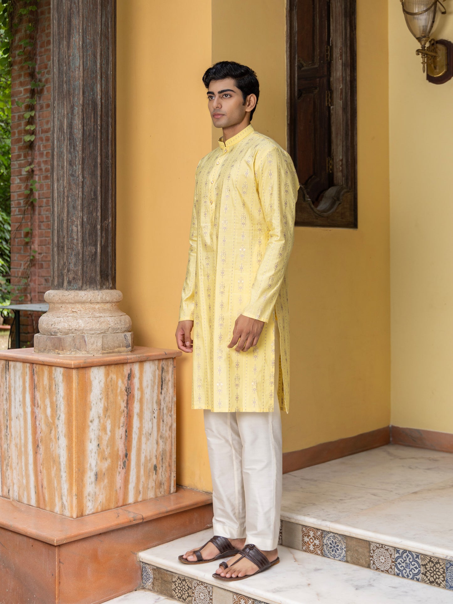 Vama Yellow Cotton Blend Kurta Set
