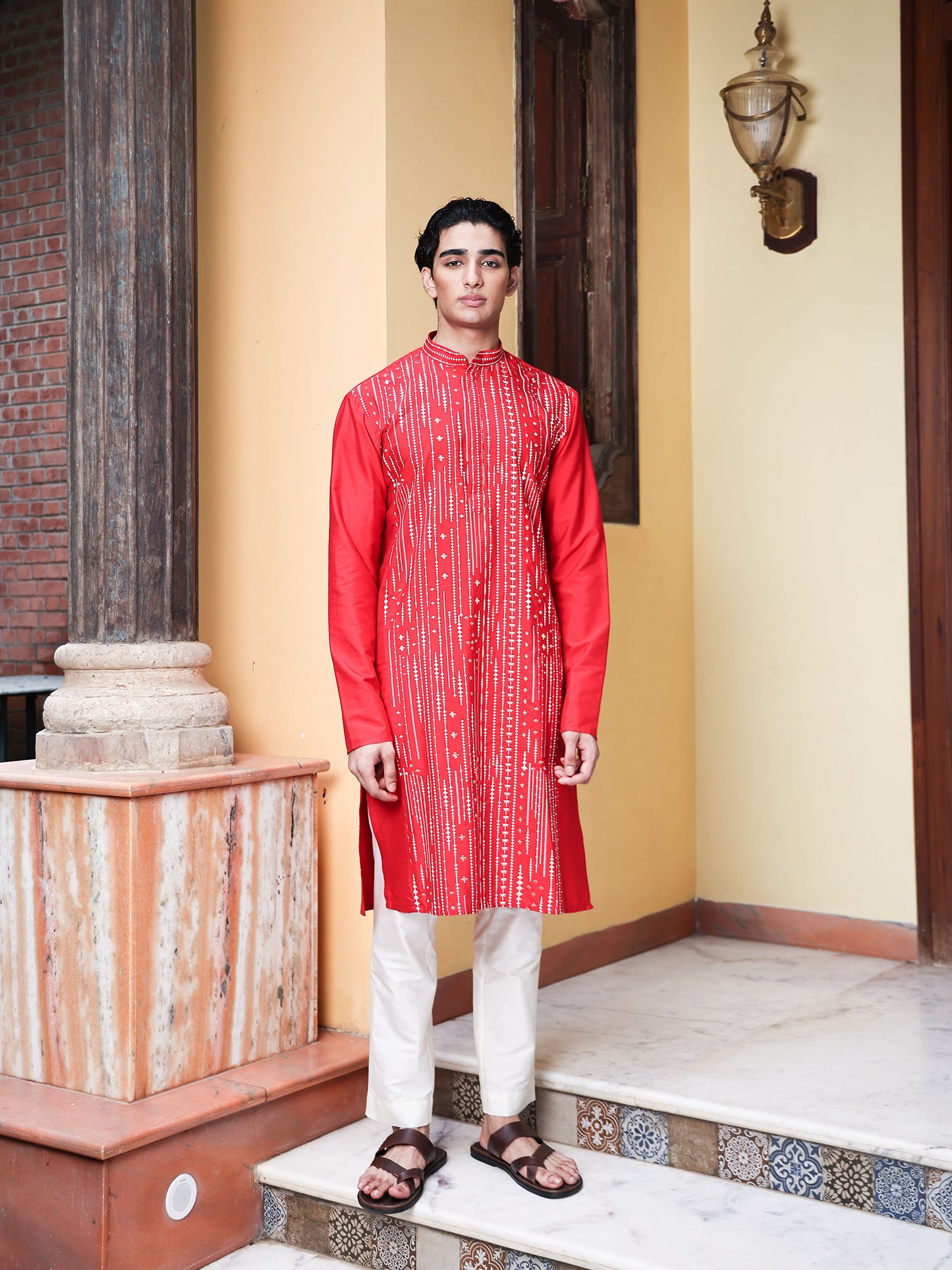 Raddi Red Embroidered Katan Kurta Set