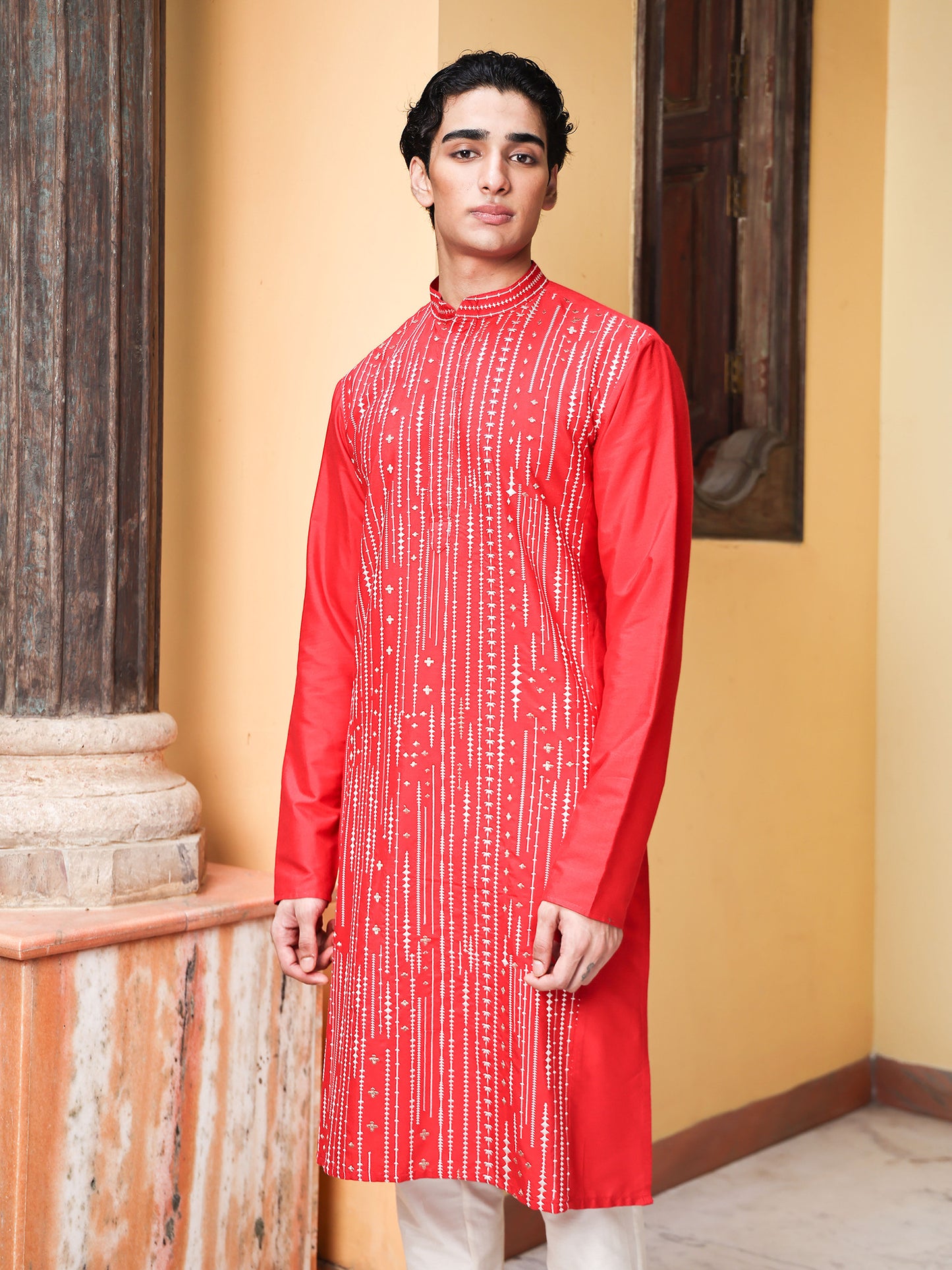 Raddi Red Embroidered Katan Kurta