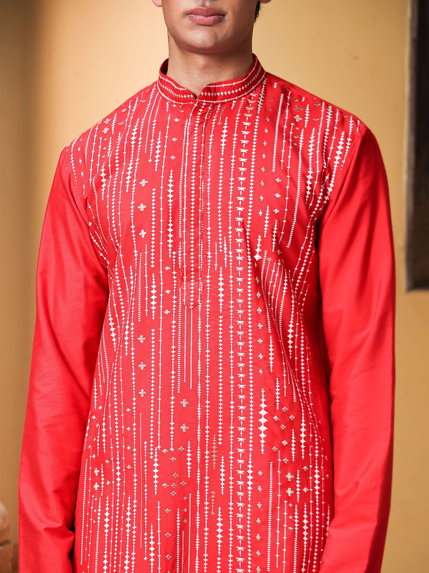 Raddi Red Embroidered Katan Kurta Set