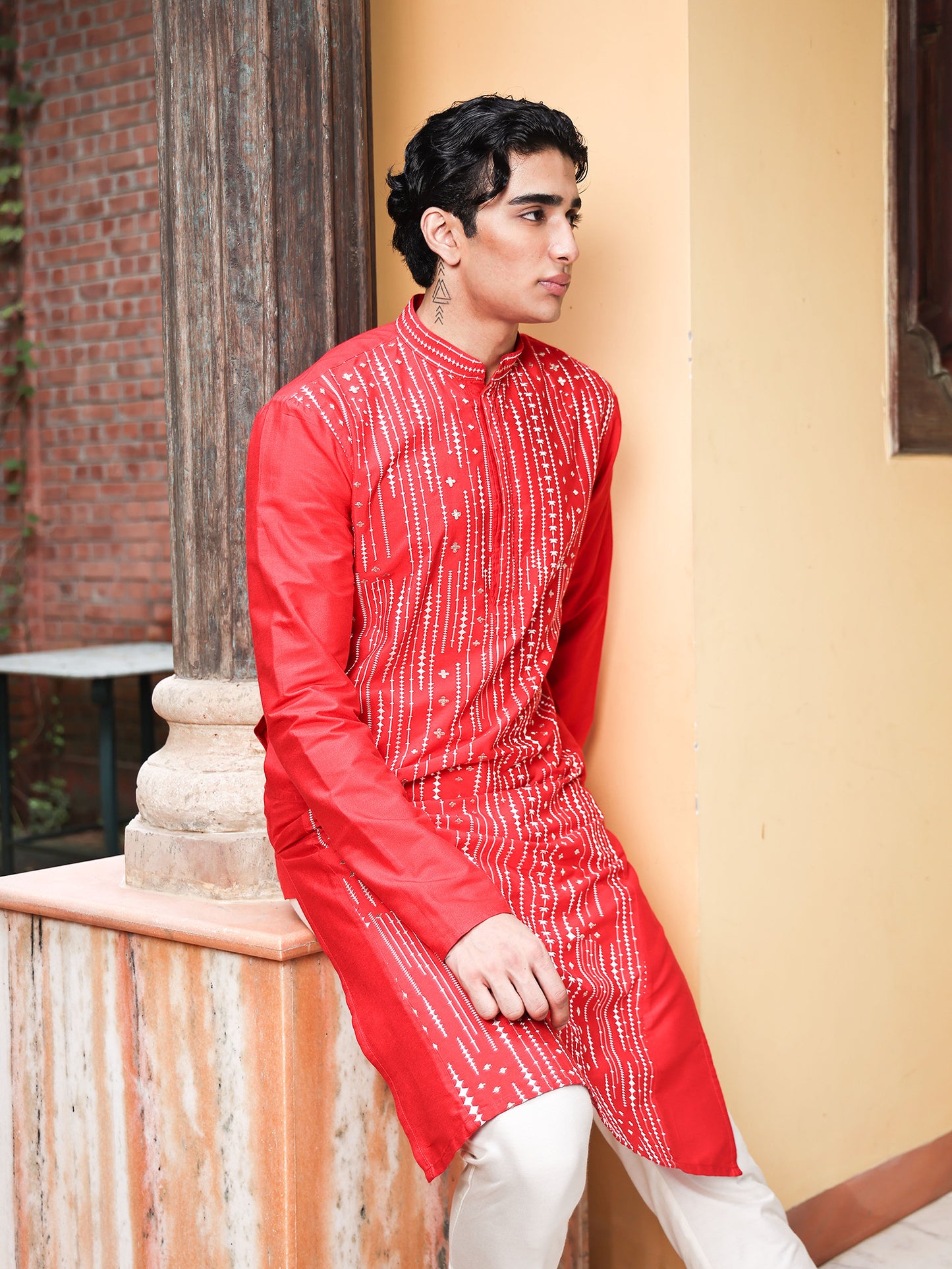 Raddi Red Embroidered Katan Kurta Set