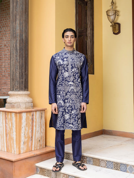 Gitesh Blue Embroidered Katan Kurta Set