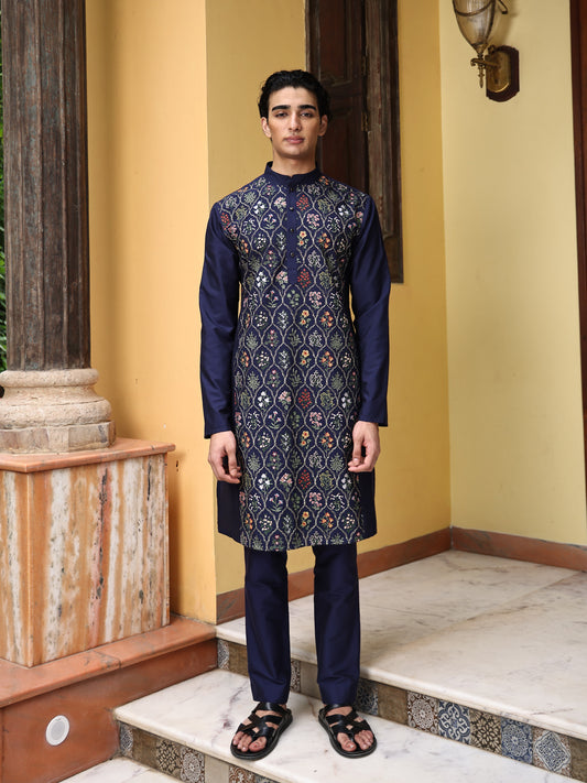 Vasoo Blue Embroidered Katan Kurta Set
