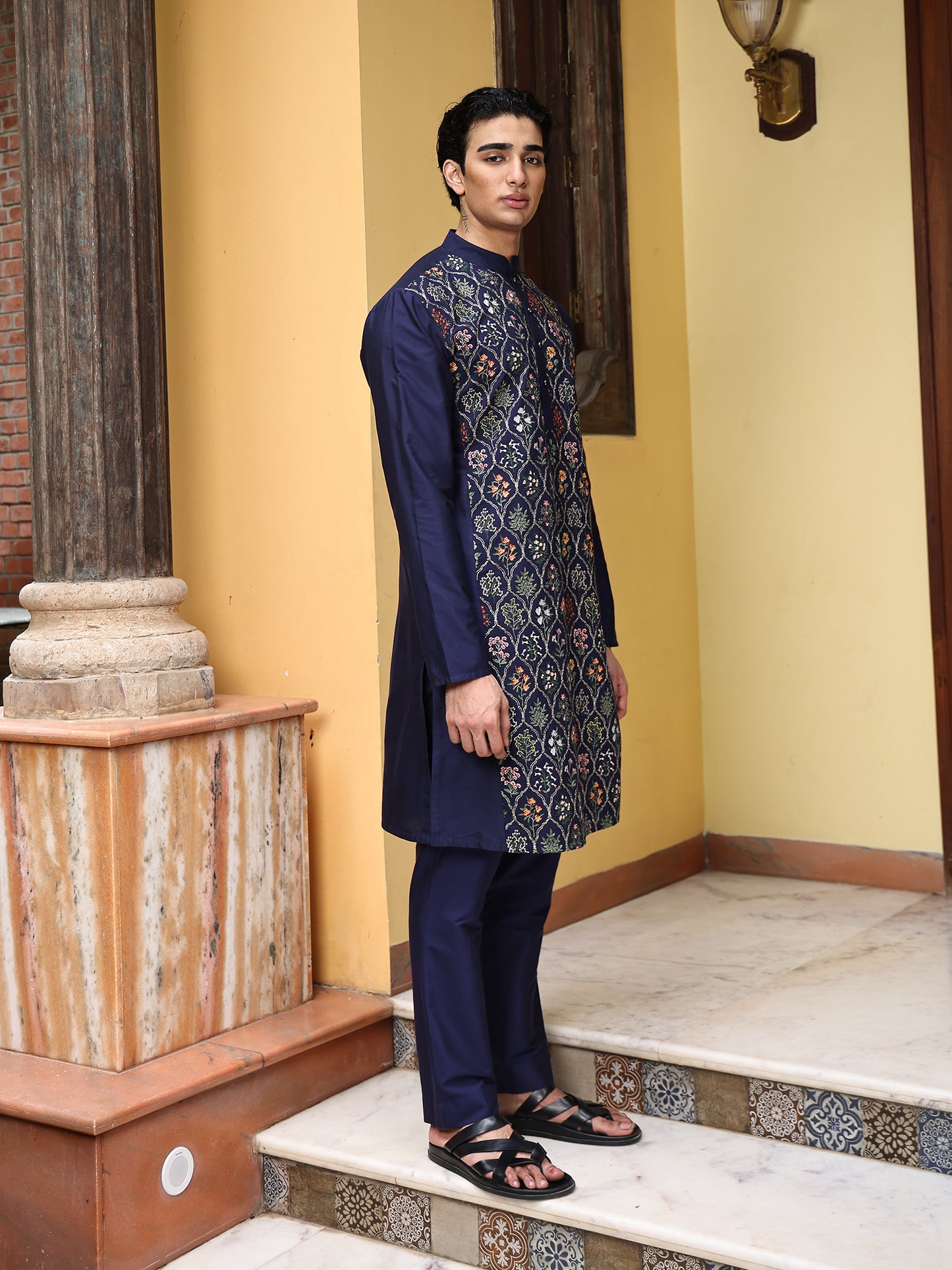 Vasoo Blue Embroidered Katan Kurta Set