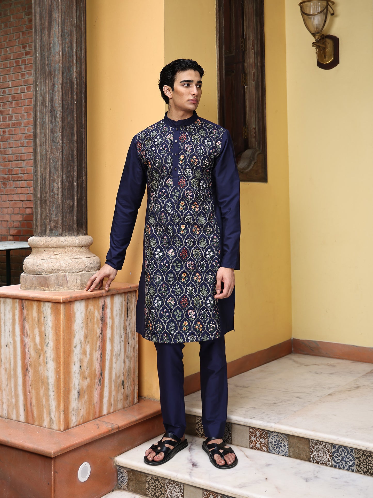 Vasoo Blue Embroidered Katan Kurta Set
