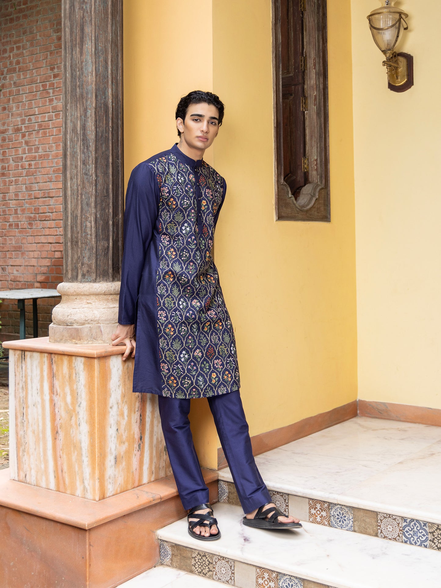 Vasoo Blue Embroidered Katan Kurta