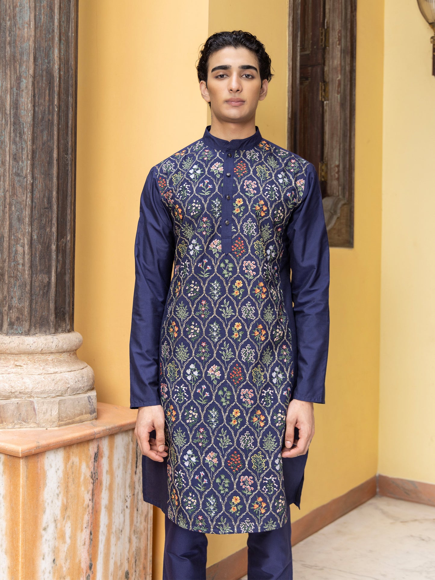 Vasoo Blue Embroidered Katan Kurta