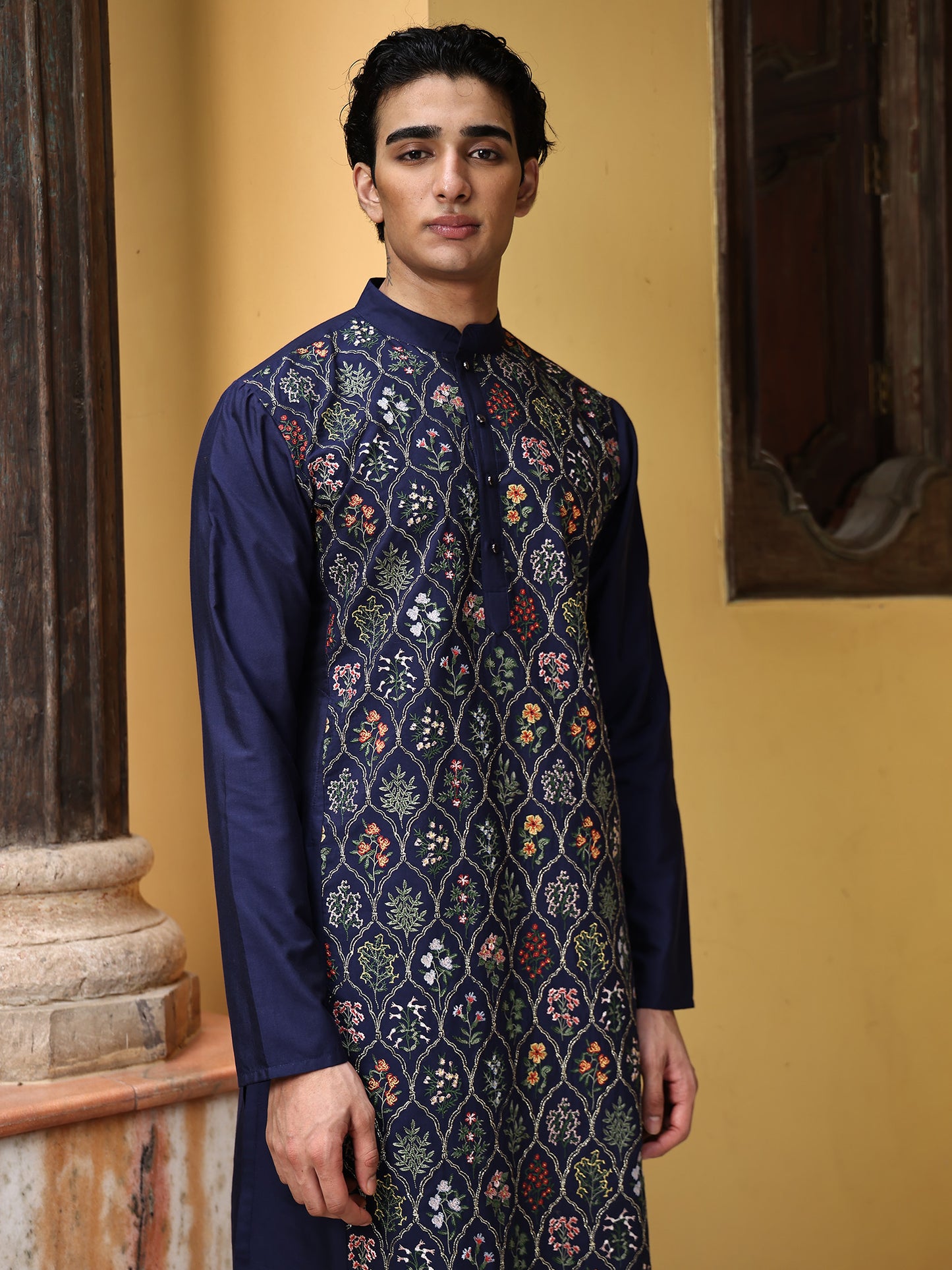 Vasoo Blue Embroidered Katan Kurta Set