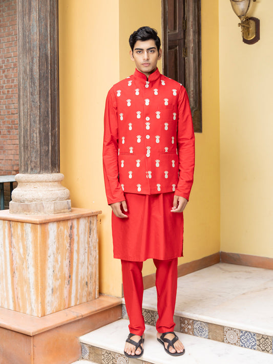 Darsh Red Katan Embroidered Bundi Set
