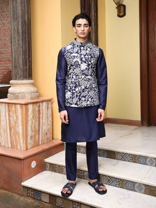 Datta Blue Katan Embroidered Bundi Set