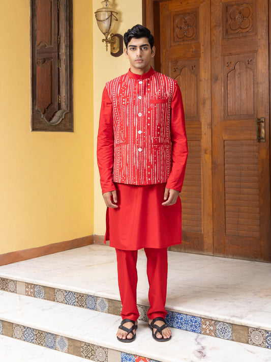 Ditsa Red Katan  Embroidered Bundi Set