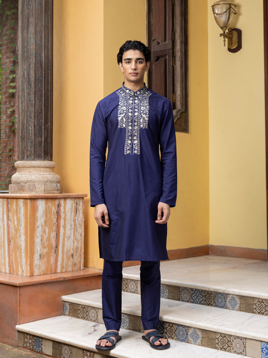 Dulasa Blue Embroidered Katan Kurta Set