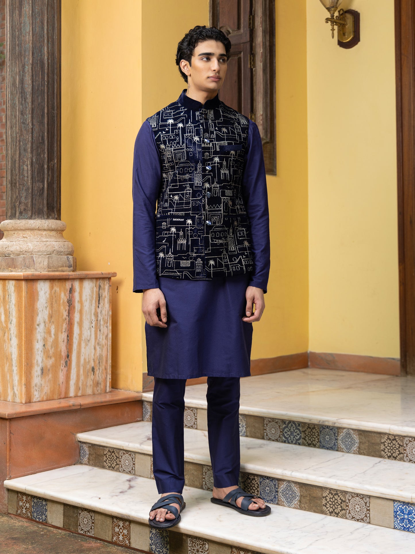 Vihas Blue Velvet Embroidered Bundi Set