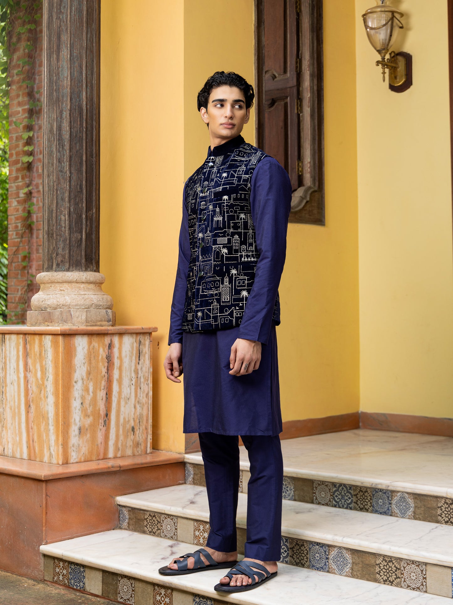 Vihas Blue Velvet Embroidered Bundi Set