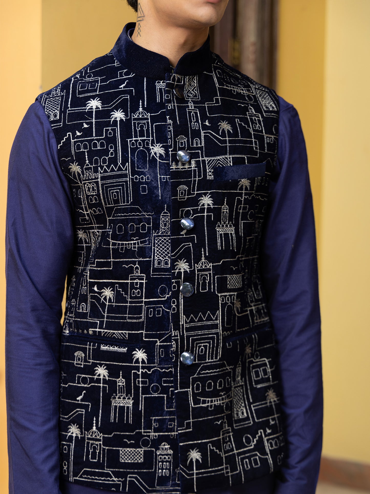 Vihas Blue Velvet Embroidered Bundi Set
