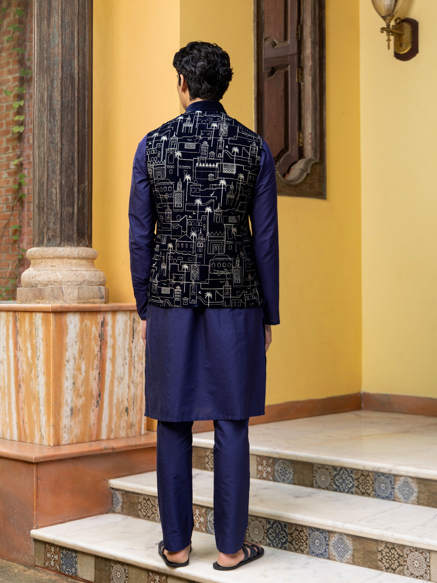 Vihas Blue Velvet Embroidered Bundi Set