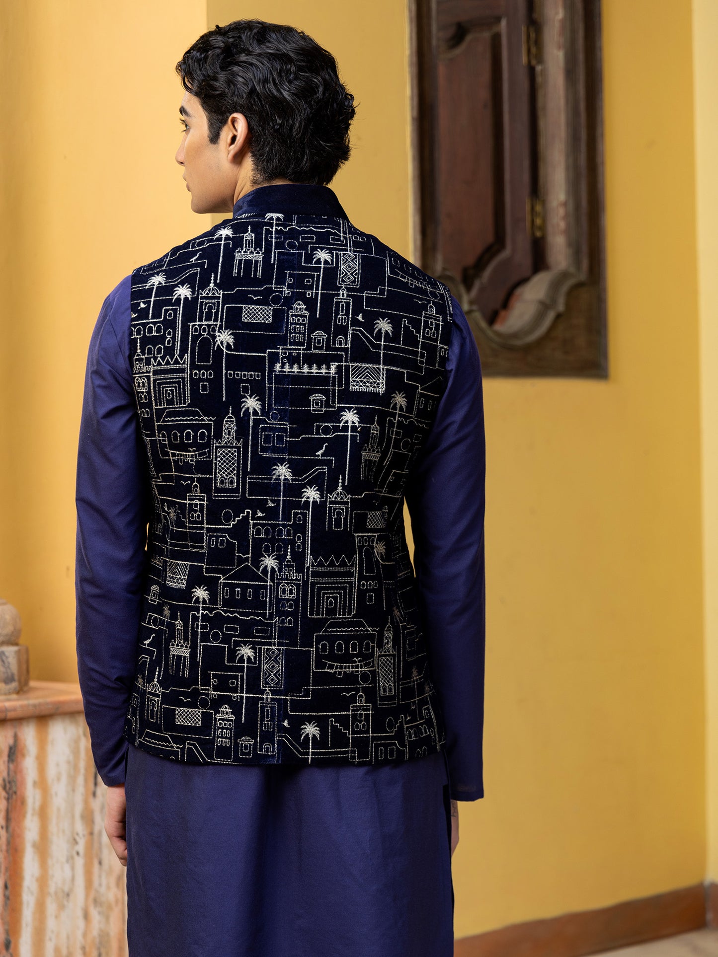 Vihas Blue Velvet Embroidered Bundi Set