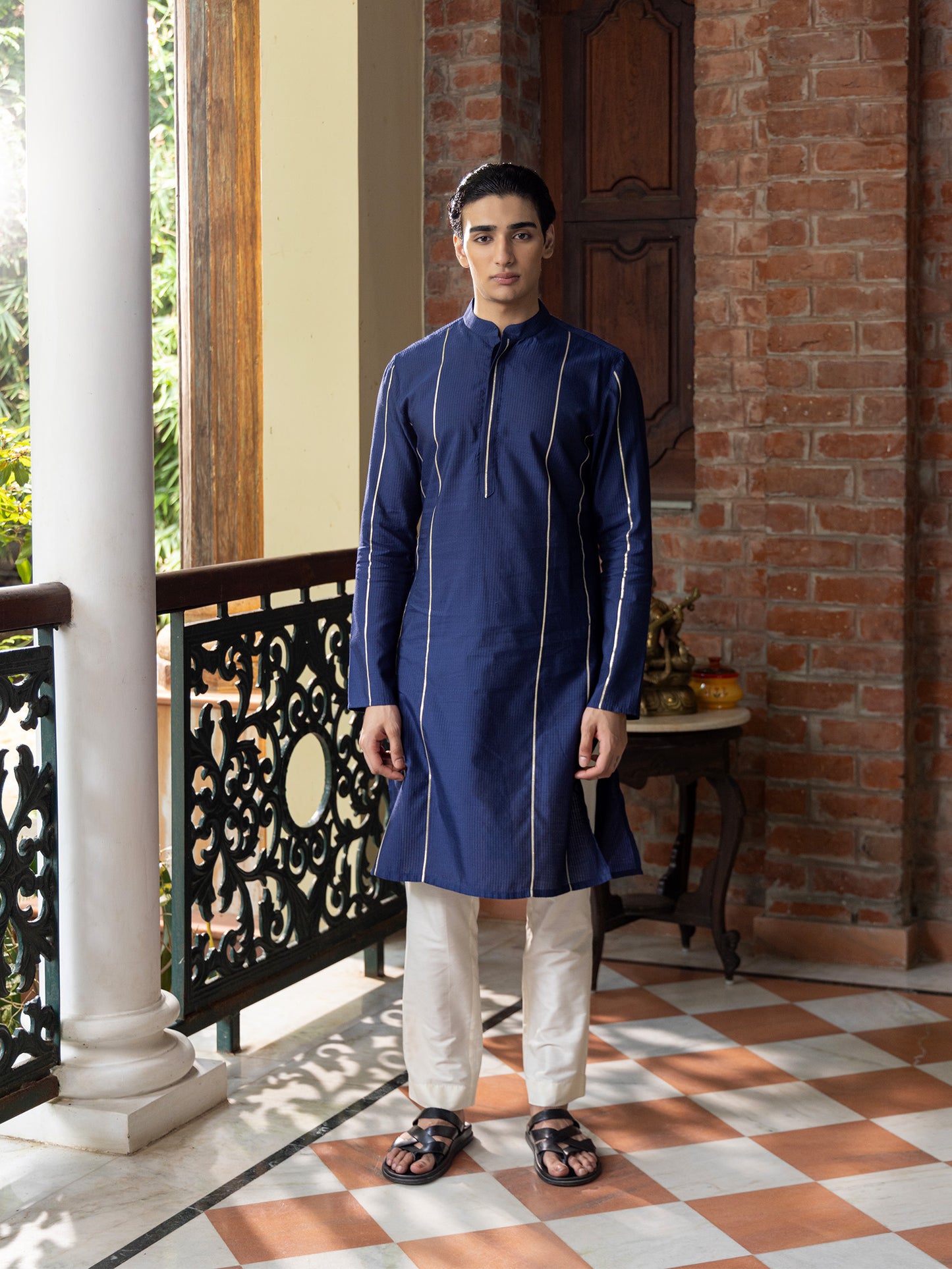 Drona Blue Cotton Blend Kurta Set