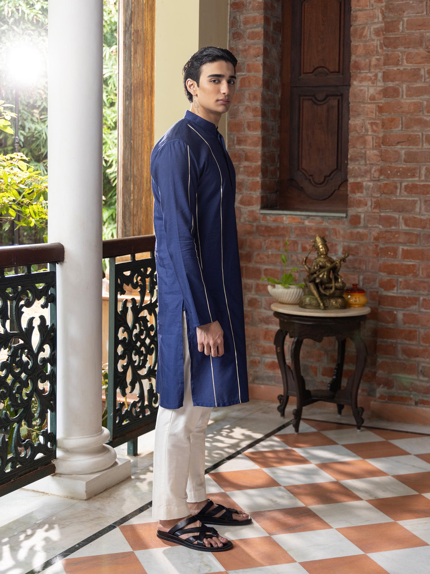 Drona Blue Cotton Blend Kurta Set