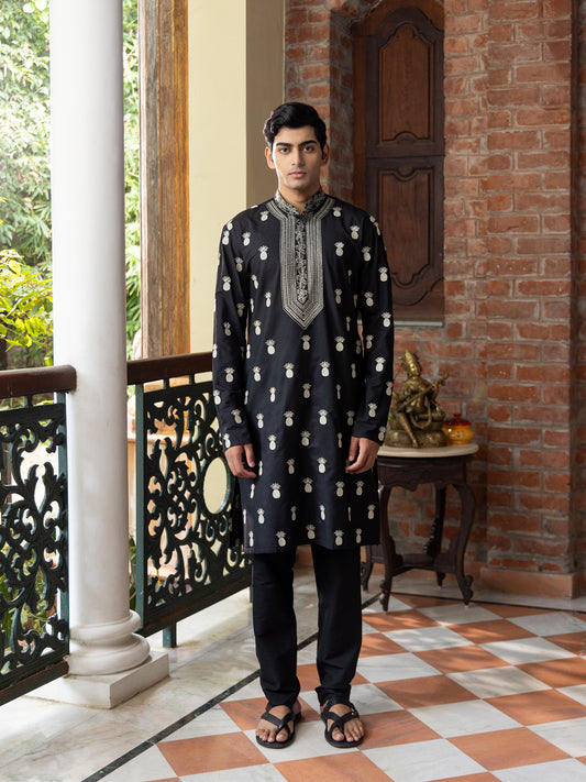 Dhira Black Embroidered Katan Kurta Set