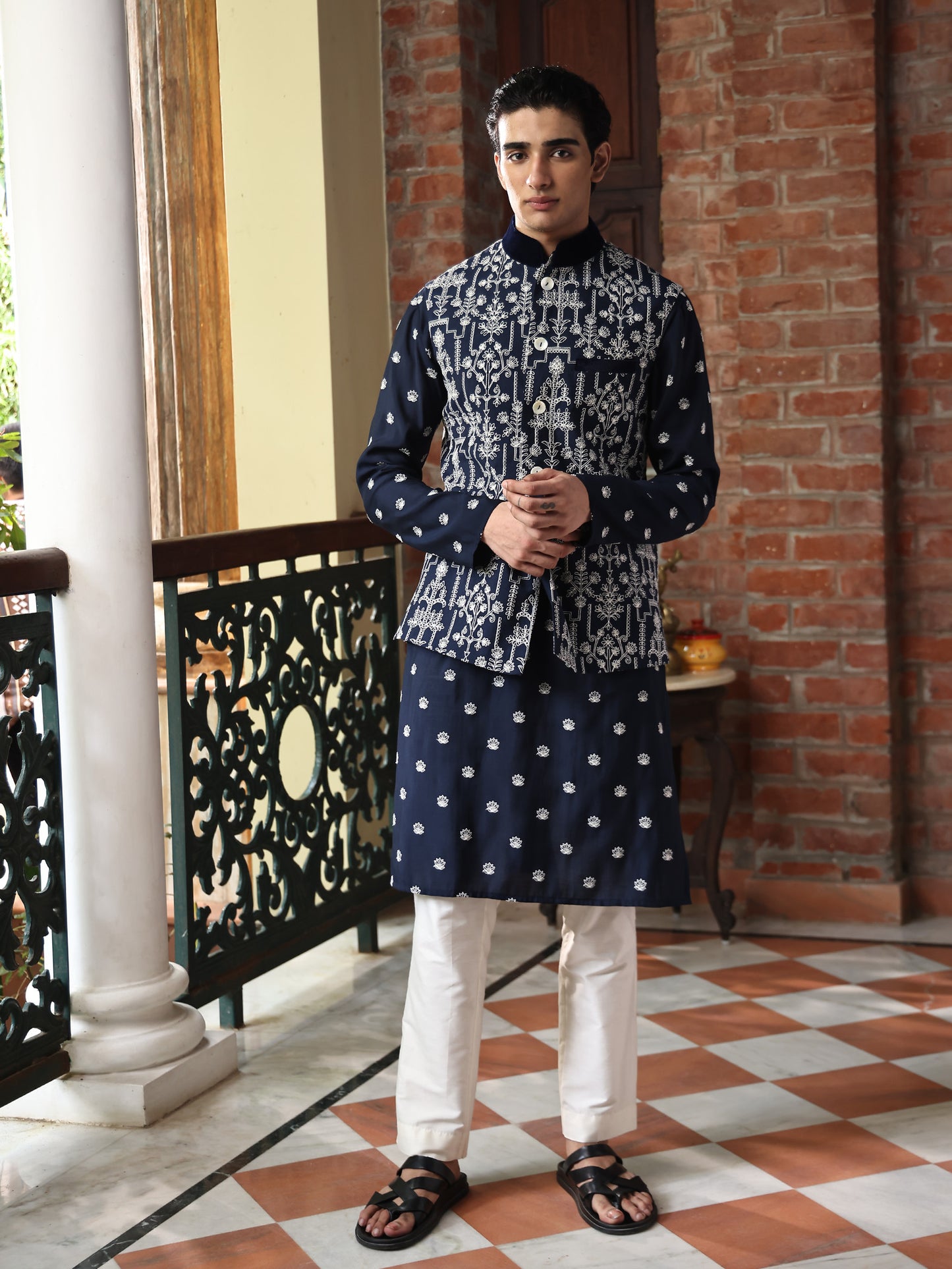 Tapan Blue Cotton Blend Embroidered Bundi Set