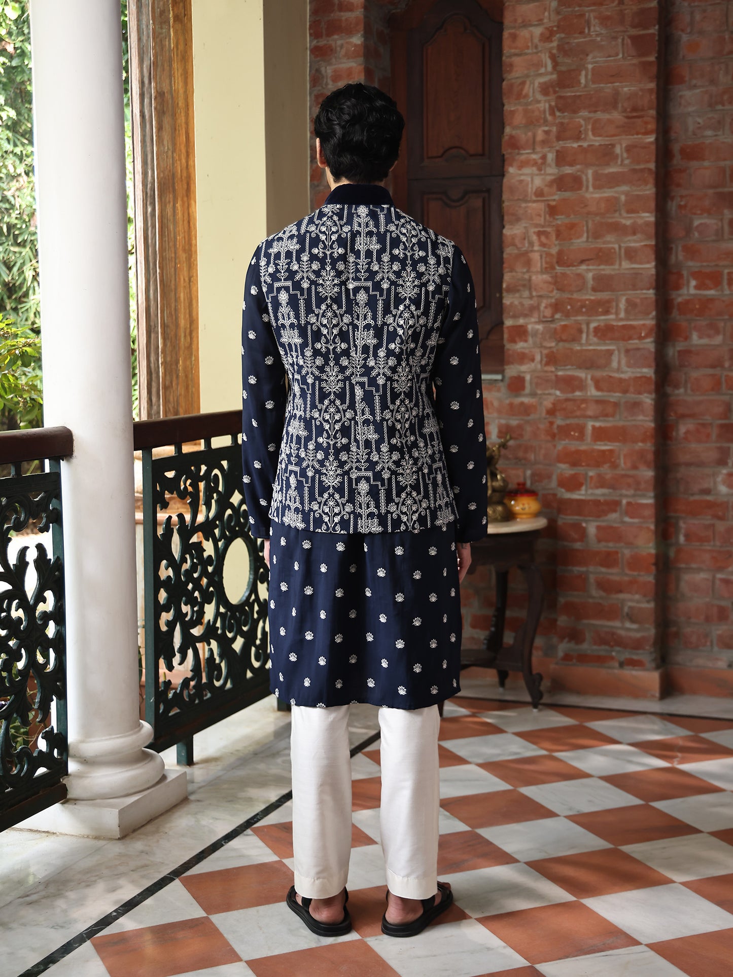 Tapan Blue Cotton Blend Embroidered Bundi Set
