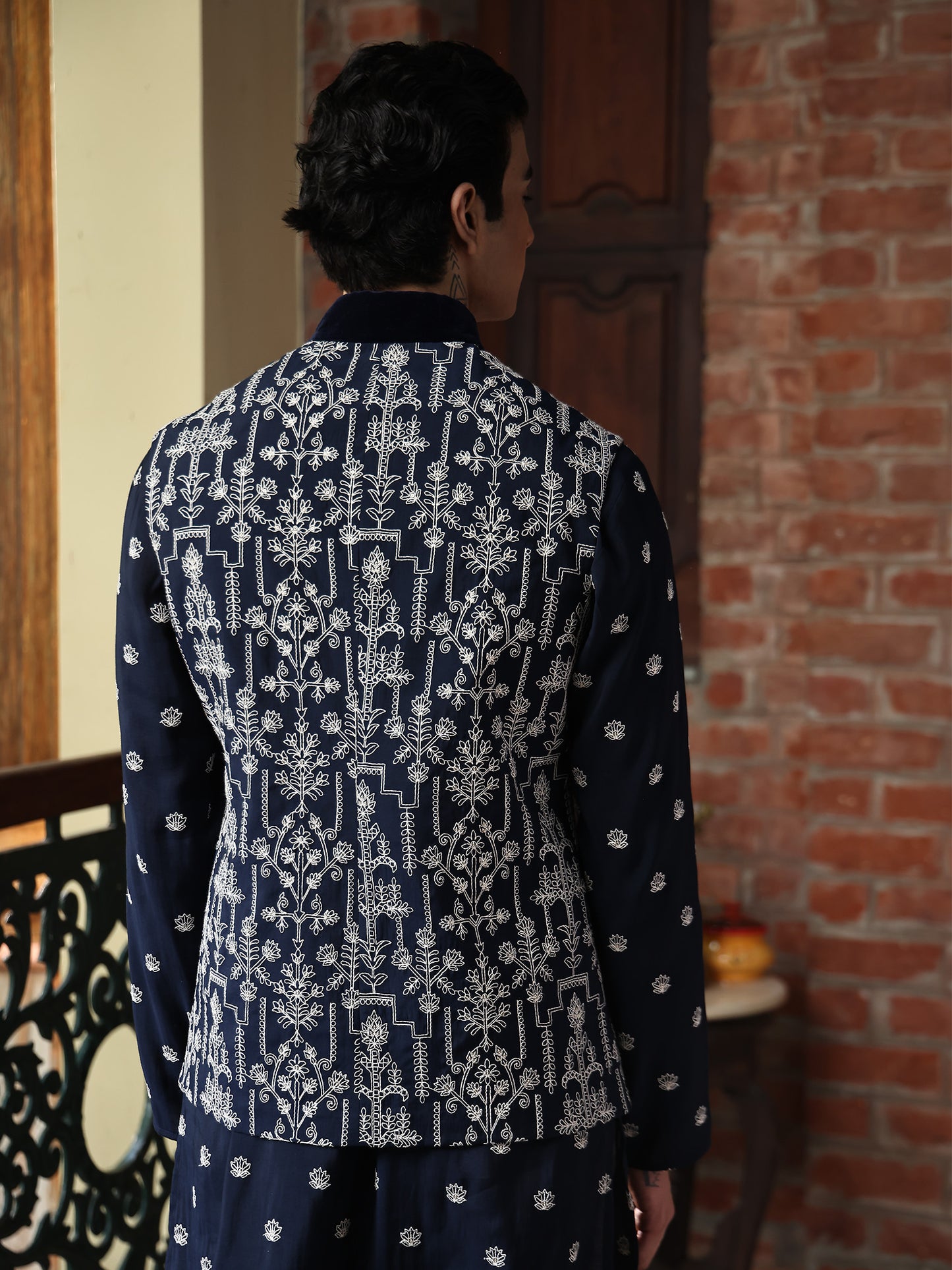 Tapan Blue Cotton Blend Embroidered Bundi