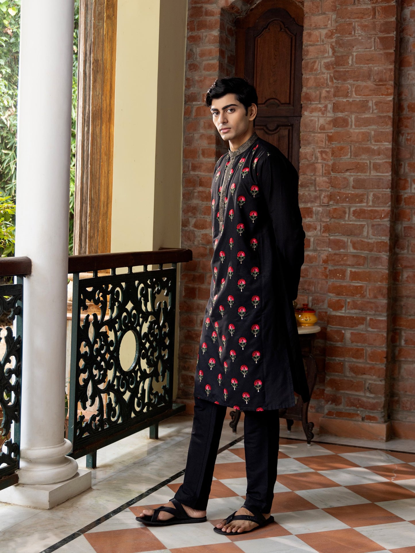 Pulak Black Embroidered Katan Kurta