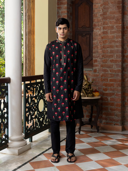 Pulak Black Embroidered Katan Kurta Set