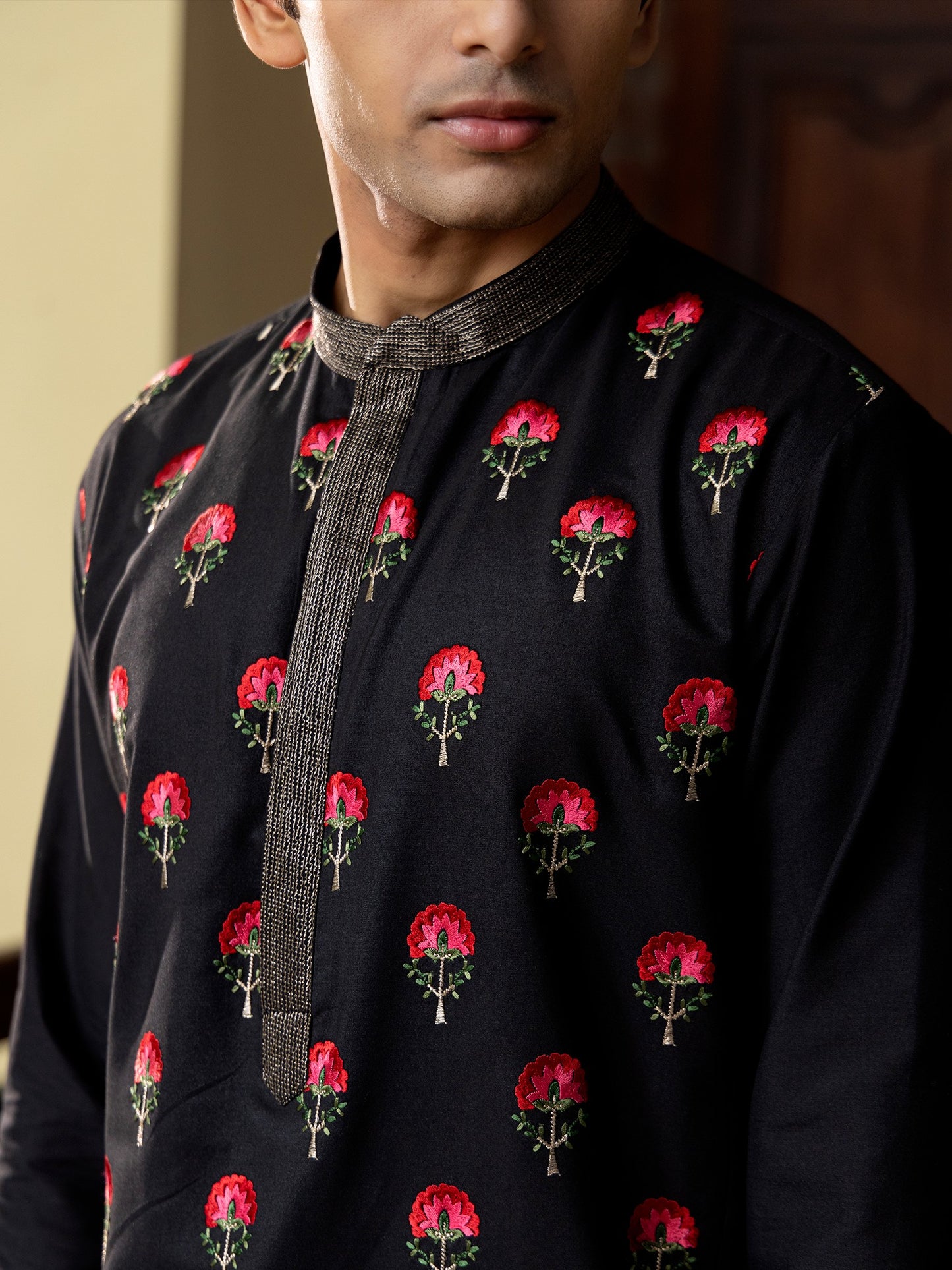 Pulak Black Embroidered Katan Kurta