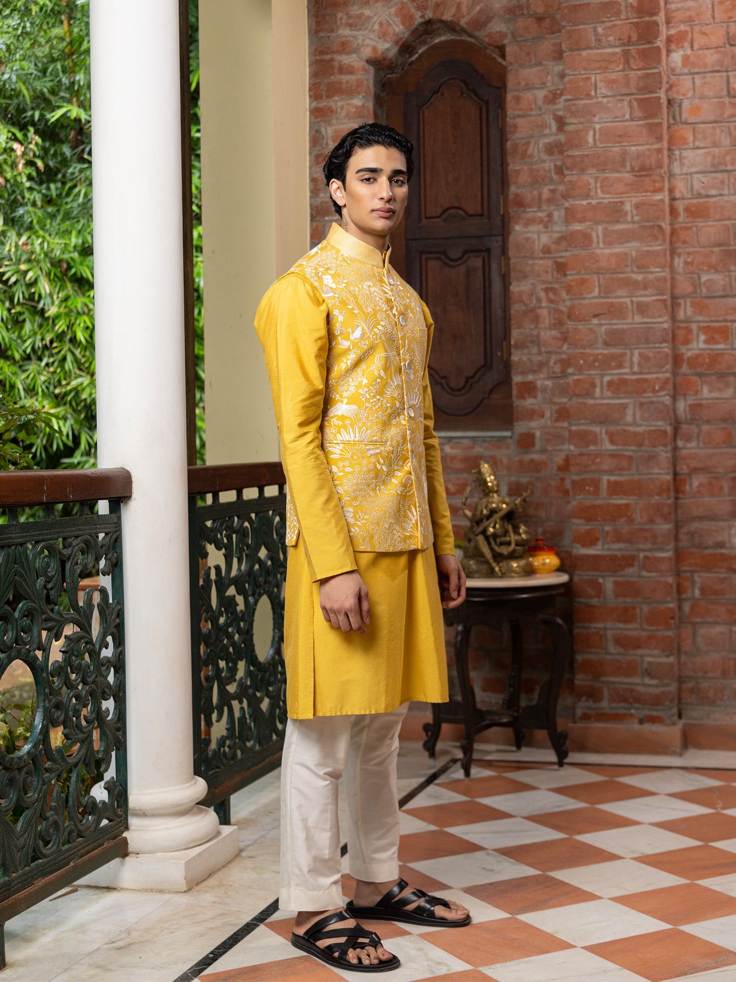 Chaitanya Yellow Katan Embroidered Bundi Set