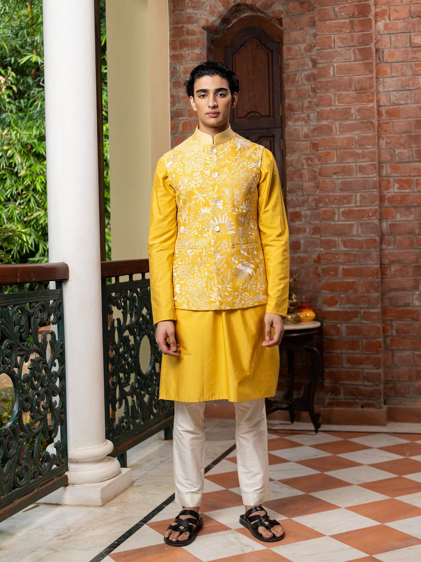 Chaitanya Yellow Katan Embroidered Bundi Set