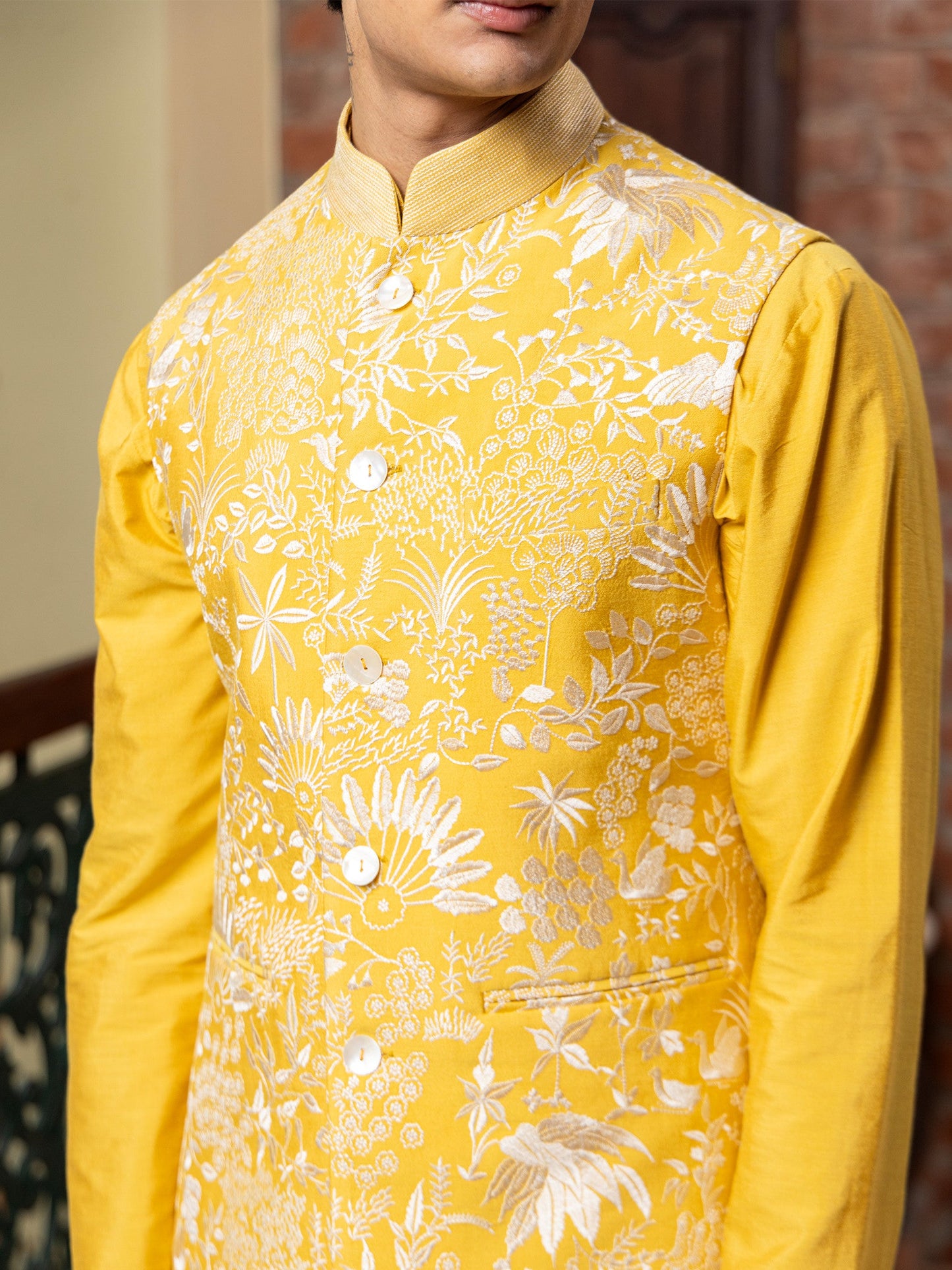 Chaitanya Yellow Katan Embroidered Bundi Set