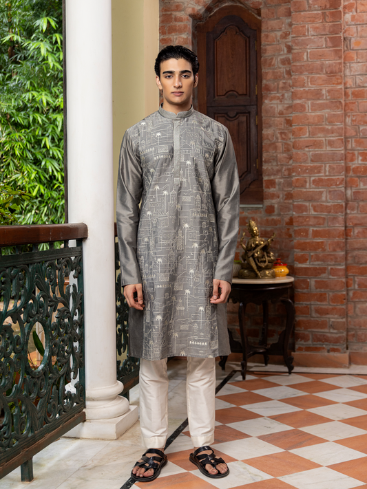 Kanta Grey Embroidered Katan Kurta Set